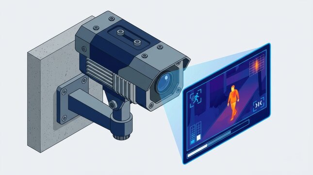 A security guard utilizes isometric thermal imaging to observe movements in a monitored area, ensuring safety and security.