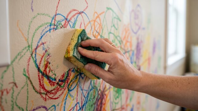 Hand scrubbing colorful crayon scribbles off interior wall with sponge showing cleaning action and textured paint surface