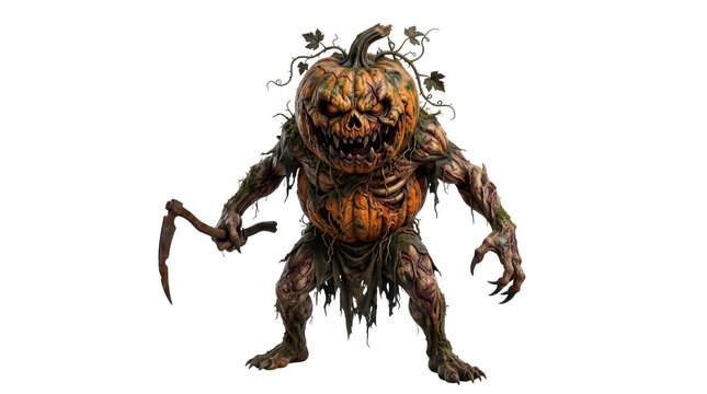 Scary jack o'lantern pumpkin monster holding a scythe, isolated on transparent background