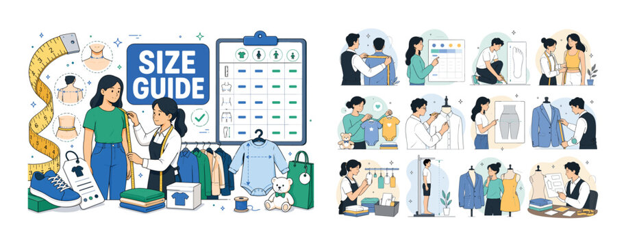 Garment Size Guide. Garment size guide and fashion measuring banner with one main scene of a tailor measuring clothing fit for a shopper and baby garment sample, oversized measuring tape and body size