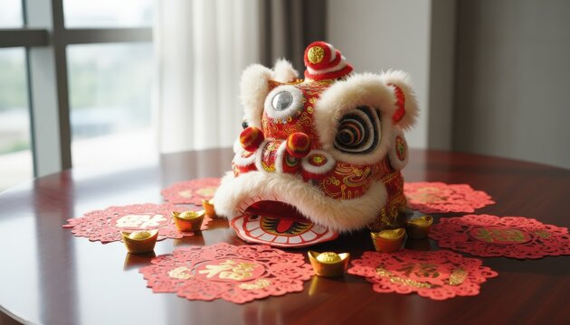 Chinese lion dance head with red paper cuttings and gold ingots on