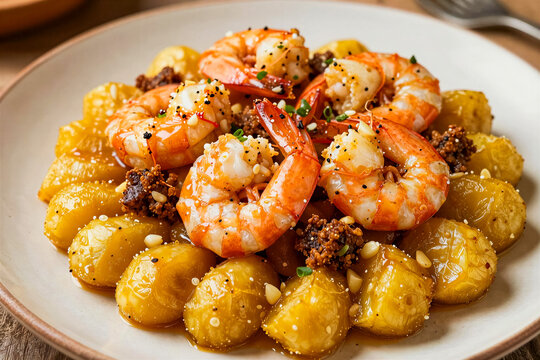Puerto Rican Mofongo with Succulent Garlic Shrimp and Mashed Green Plantains on a White Plate
