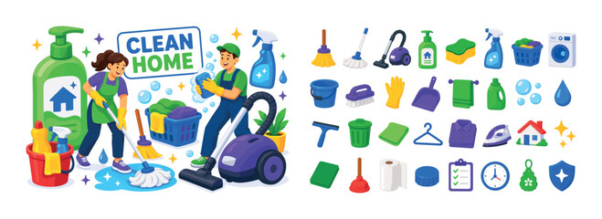Fototapeta premium Home Cleaning Tools banner scene with two expressive stylized cleaners interacting with an oversized vacuum cleaner and a giant soap bottle, one character pushes a mop across the canvas while the
