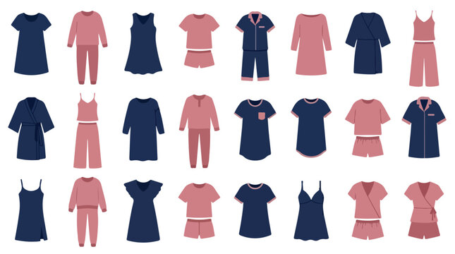 Women sleepwear and loungewear vector collection, 24 pink and navy blue pajama sets, comfortable nightwear and robes for female fashion design