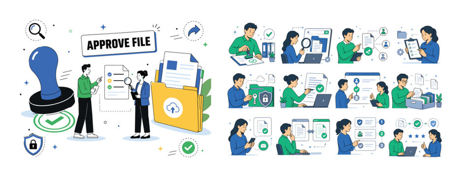 Document Approval Rules. Rules and digital approval banner with one main scene of two office workers verifying instructions and authorizing a document file, oversized approval stamp and digital