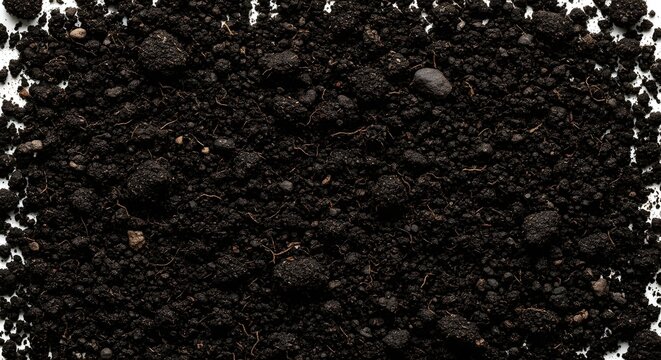 Dark fertile soil on white background
