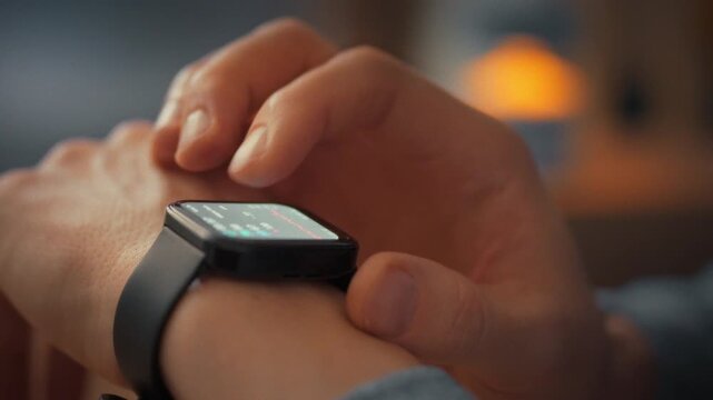 At home, a man scrutinizes his daily activity on a smart watch, analyzing steps, calories, and load. Embracing a conscious approach to health, he utilizes the wearable gadget to track his progress