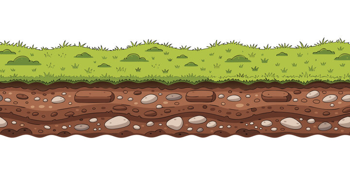 Seamless Grass and Soil Cross Section Landscape Border &ndash; Green Lawn Surface, Underground Earth Layers, Natural Terrain Vector Illustration for Games, Education and Gardening Concepts.