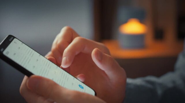 At night in his living room, man picks up his smartphone and starts planning. A close-up shows his fingers tapping the digital calendar, entering key reminders, merging focus with modern organization