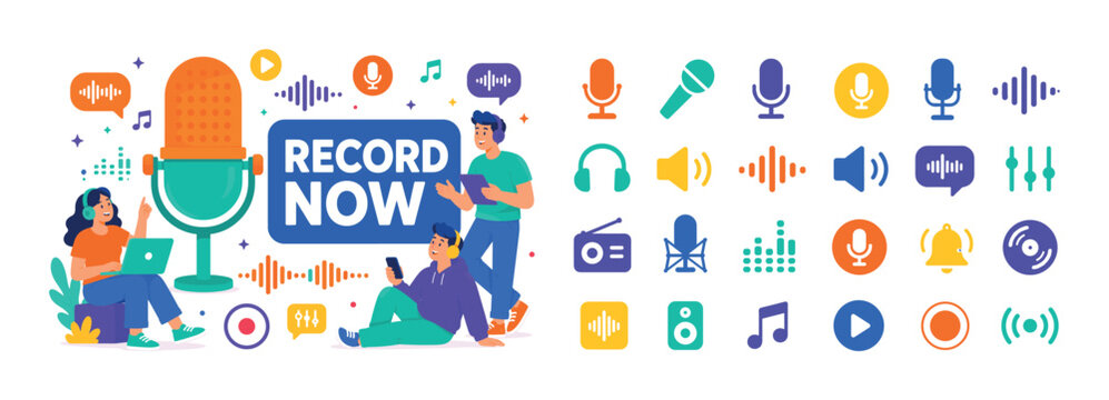 Audio Microphone Recording Banner creative scene with two characters interacting with oversized microphone stretching across edges, small sound and audio wave elements filling space, bold headline