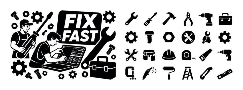 Repair Tools Service. Banner with technician fixing device and helper holding tools, oversized wrench and oversized screwdriver, small elements bolts gears toolbox filling edges, bold uppercase text
