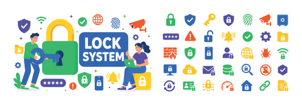Secure Lock System Banner safety scene with two characters interacting with oversized lock stretching across edges, small security icons filling space, bold headline LOCK SYSTEM inside rounded