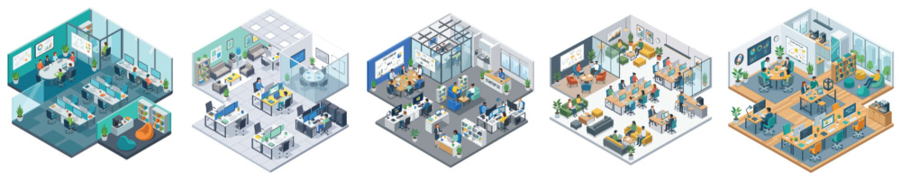 Isometric office space layouts showcasing modern workspace design and collaborative areas for productivity