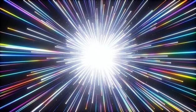 Colorful light burst abstract background with radiant star explosion and vibrant neon ray energy, dynamic motion line and radial beam pattern, futuristic warp speed design, cosmic space flare artwork