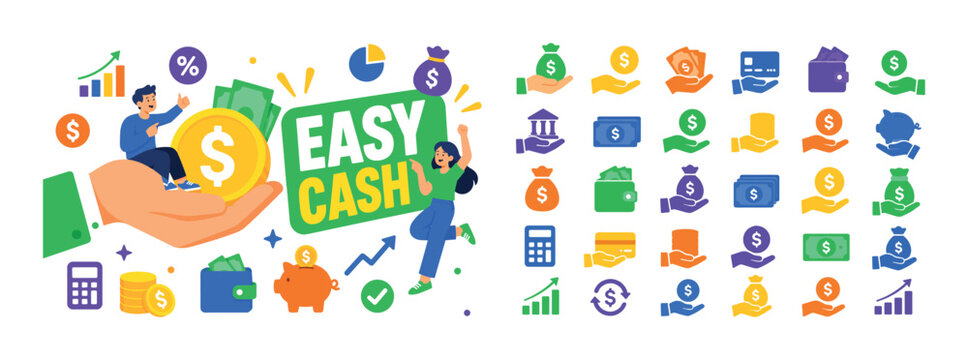 Money Hand Holding Banner financial scene with two characters interacting with oversized hand holding dollar stretching to edges, small finance symbols filling space, bold headline EASY CASH inside