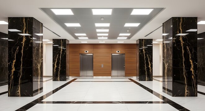 Modern office lobby with marble pillars and elevators