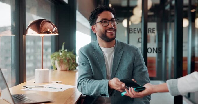 Business, phone and pos with man in coffee shop for hybrid work, payment or wireless transaction. App, contactless and nfc with remote worker in cafe or restaurant for bill, hospitality and service