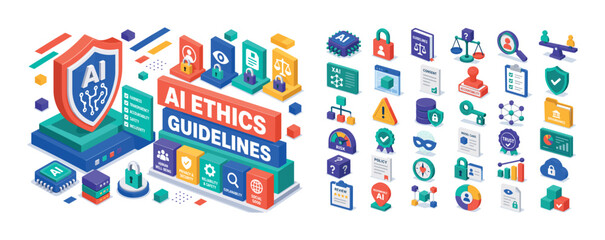 Fototapeta premium AI Ethics Guidelines , oversized artificial intelligence shield with bold geometric depth, stacked platform blocks, floating privacy locks and diagonal surface accents, asymmetric editorial layout,