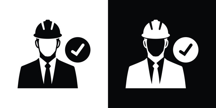 Approved construction manager or engineer vector icon. Male architect avatar in corporate suit and hard hat with a check mark emblem. Quality control symbol.