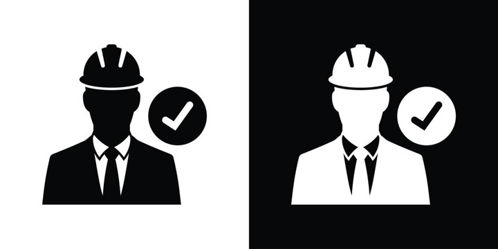 Approved construction manager or engineer vector icon. Male architect avatar in corporate suit and hard hat with a check mark emblem. Quality control symbol.