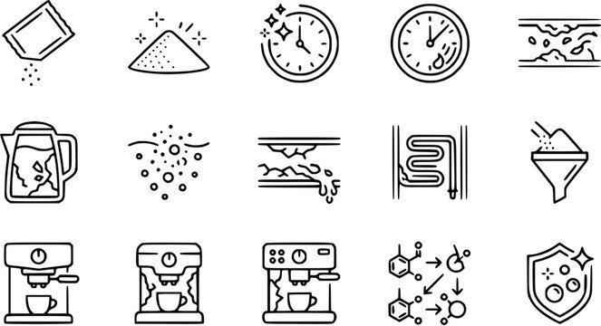Descaling and Cleaning Appliances Line Art Icons. Set of Household Maintenance Symbols for Limescale Removal, Coffee Machines, Kettles, and Chemical Processes.