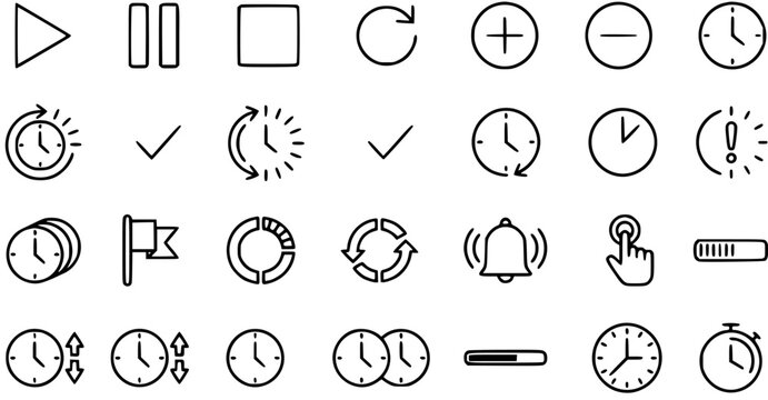 Technology and Time Management Outline Icons Set. Linear Black  White Symbols for User Interface, Web Design, and Mobile App Development.
