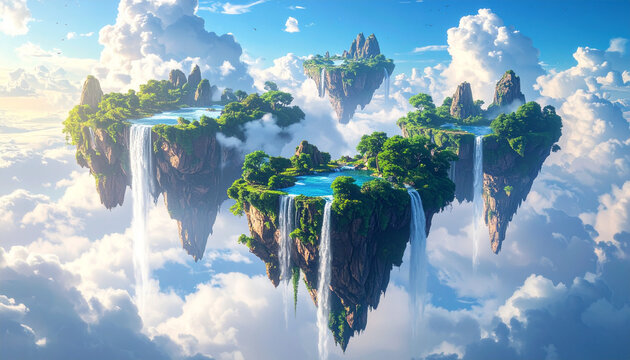 Floating islands with waterfalls in a cloudy sky fantasy landscape