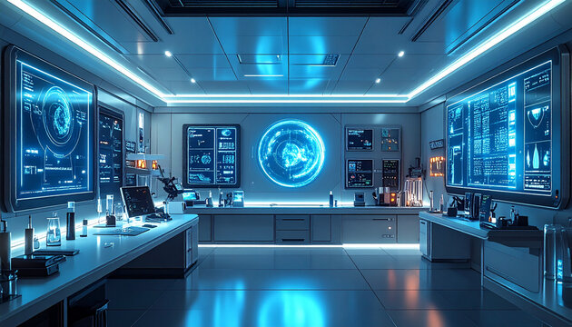 Futuristic command center with digital displays