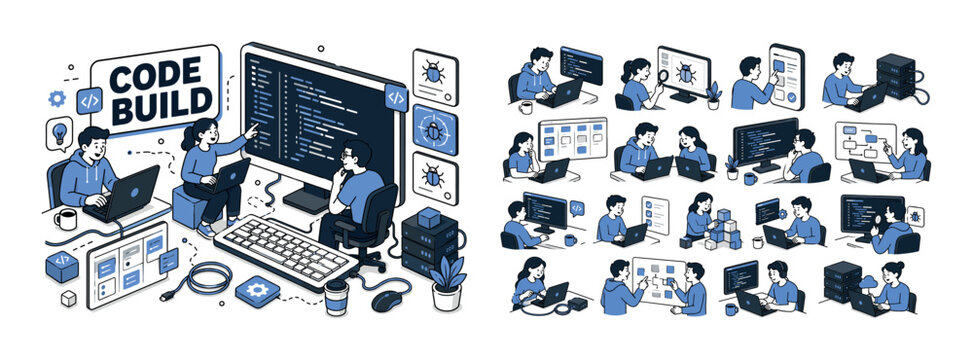 Programming Software Development banner, clean focused full-canvas scene of three expressive developers building software around one oversized code monitor without readable text stretching to top and