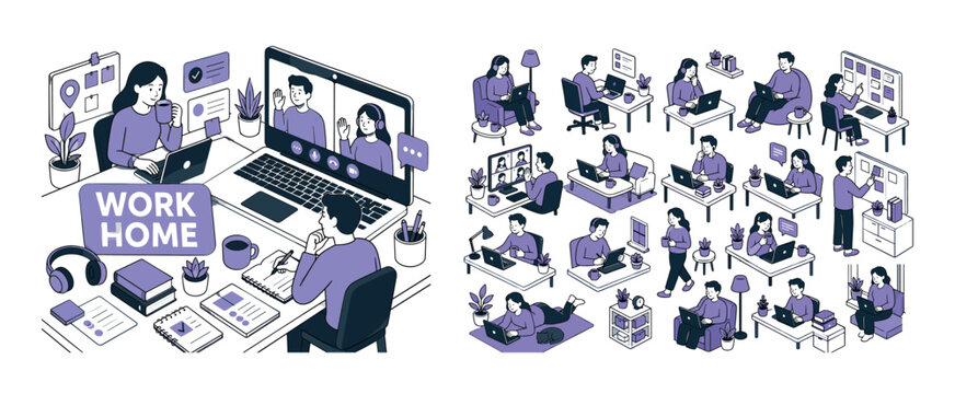 Remote Work Freelance banner with two remote workers managing one oversized home desk setup spanning left and bottom edges and one large laptop video call screen reaching top and right edges, small