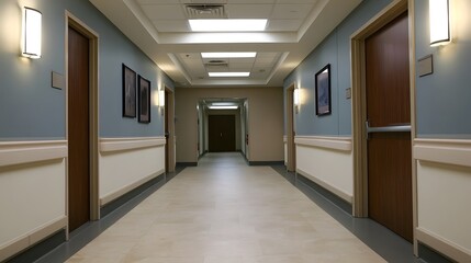Fototapeta premium An empty institutional hallway features muted walls wooden doors and diffused lighting conveying a sense of calm and professionalism