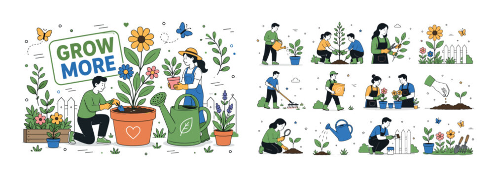 Garden Plant Gardening. Clean banner scene about gardening and outdoor care, with two geometric characters tending an oversized flower pot and a large watering can spread across the full canvas, small