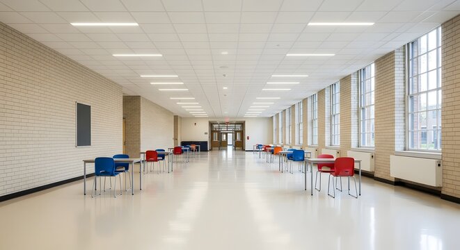 Empty school hallway with colorful chairs