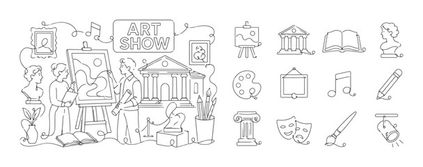 Obraz premium Art Culture Collection. Clean one-line drawing banner composition showing oversized painting canvas and large museum building with 2 artists preparing an exhibition, scattered book, sculpture, music
