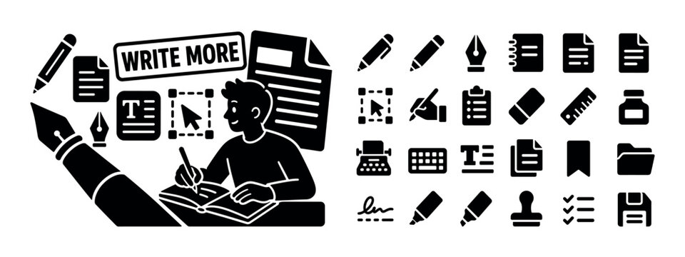 Writing Editing Tools. Clean solid filled banner composition showing one oversized fountain pen stretching from bottom left edge, one writer character near right edge, a large document page reaching