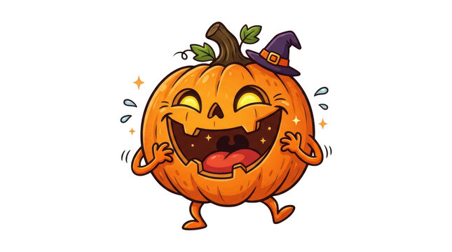 Happy laughing Halloween pumpkin wearing a witch hat, cartoon illustration, isolated on transparent background.