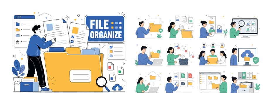 Folder File Management Scenes banner showing a character organizing files with oversized folder and documents filling edges, small file icons and dots around, bold uppercase FILE ORGANIZE inside