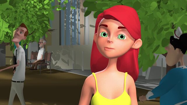 3d animation, one cartoon character speaking face camera during another cartoons characters waiting and walking on city street	