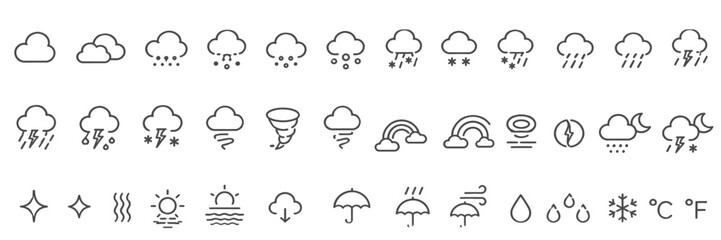 Obraz premium Cloud and Storm Weather Outline Icons Set Collection for Meteorology and Weather Forecast Apps. Illustration eps10.