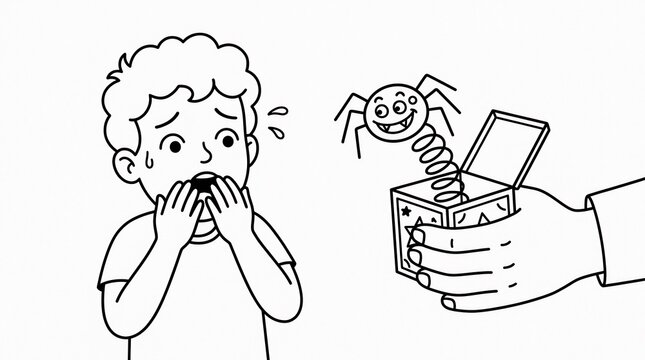 Surprise prank with a spider toy jumping from a box