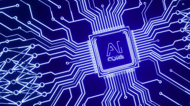 ai core chip technology background with glowing neural network connections futuristic motherboard circuit animation digital intelligence concept
