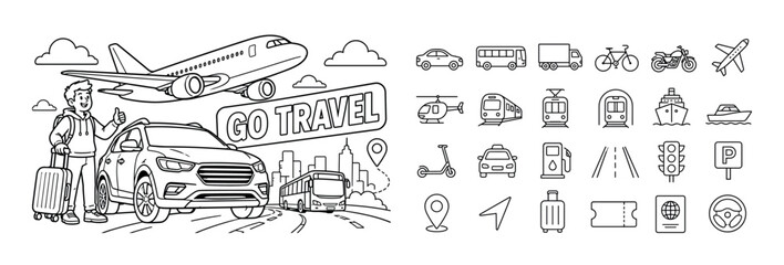 Naklejka premium Transportation Travel Mobility Series banner with traveler near oversized car and large airplane, small bus and road details, bold text GO TRAVEL in rounded rectangle off-center, full canvas edge