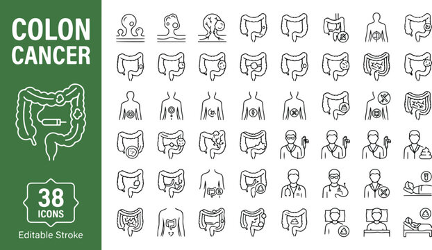 Colon cancer line icons set. Colorectal health, oncology symptoms, polyps, tumors, medical treatment, and screening collection. Professional medical outline icons. Editable stroke illustration.