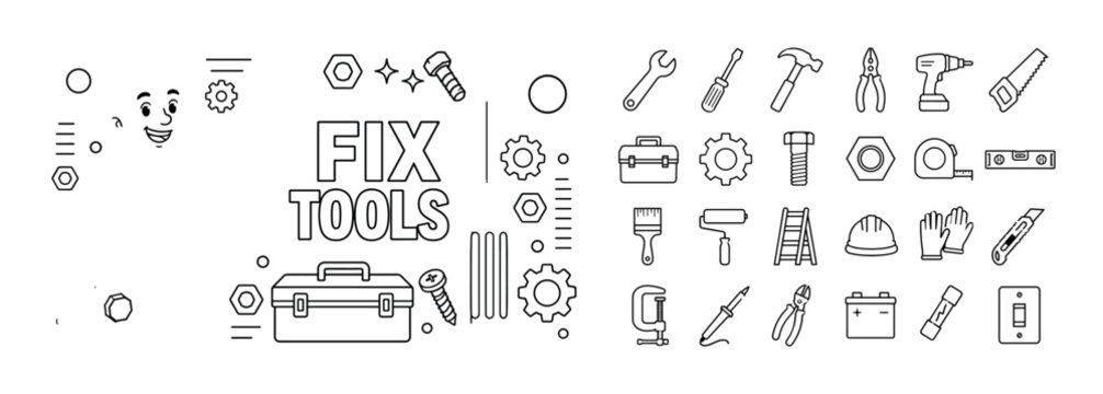 Tools Repair Maintenance Series banner with mechanic holding oversized wrench and large screwdriver, small gear and toolbox details, bold text FIX TOOLS in rounded rectangle off-center, full canvas