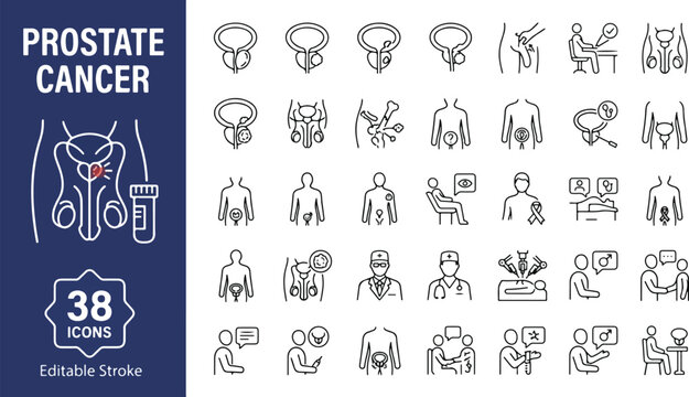 Prostate cancer web icons in line style. Urology, oncology, men's health symptoms, screening, surgery and treatment collection. Professional medical outline icon set. Editable stroke vector.