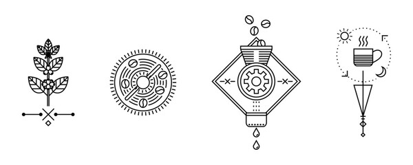 Four minimalist geometric line art icons illustrating the coffee production process: a coffee plant, roasting wheel, grinding machine, and a steaming coffee cup. © OnePencils