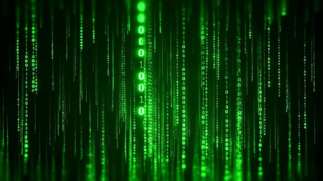Green binary code falling down on a black background