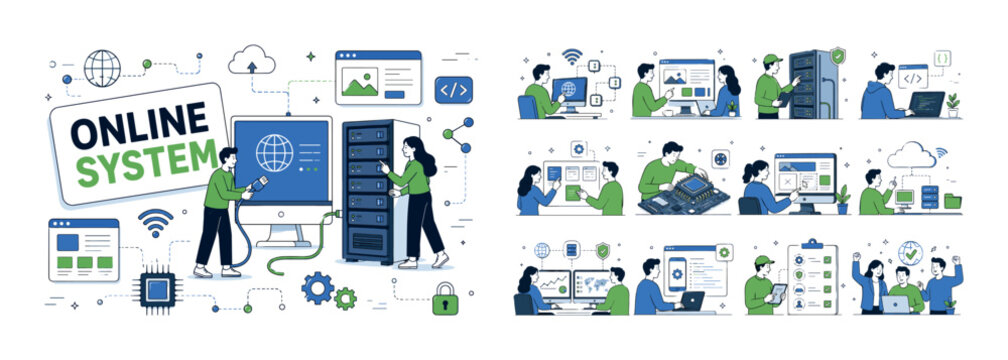 Internet Computer Network. Clean editorial banner with one main scene about internet computer and web technology: two geometric characters connect a large oversized desktop computer and a big server