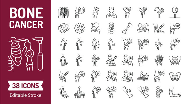 Bone cancer medical icons in line style. Oncology, sarcoma, tumor symptoms, diagnostics, and bone health treatment collection. Professional outline icon set. Editable stroke vector illustration.