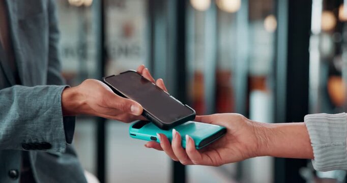 Hands, nfc and phone with businessman in coffee shop with customer, payment or wireless transaction. App, contactless and pos with remote worker in cafe or restaurant for hospitality and service